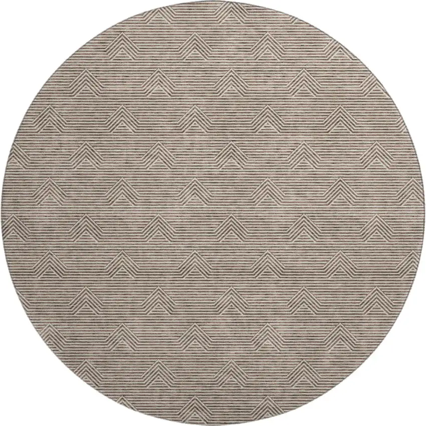 8' Brown And Ivory Abstract Geometric Washable Round Rug With UV Protection Photo 1