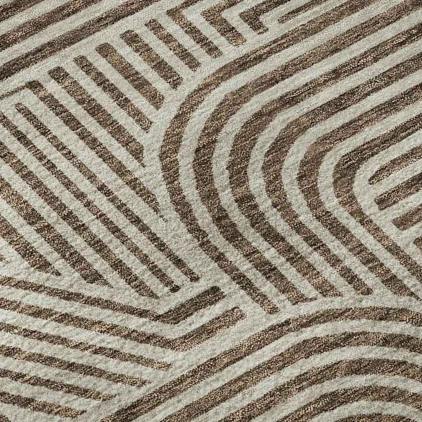 8' Brown And Ivory Abstract Geometric Washable Round Rug With UV Protection Photo 8