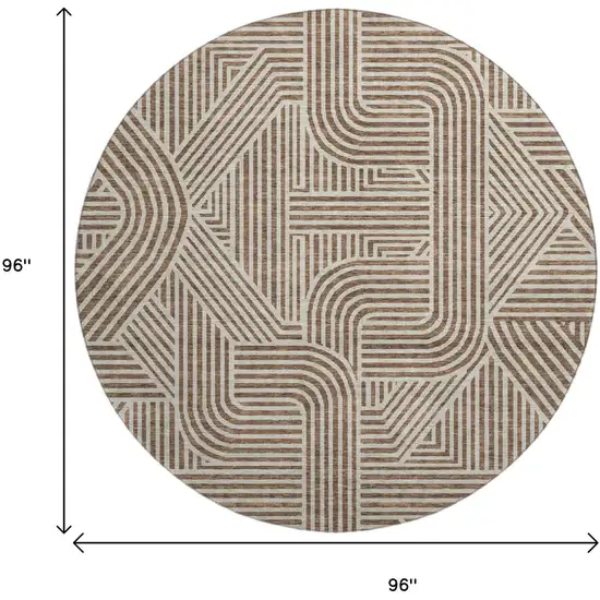 8' Brown And Ivory Abstract Geometric Washable Round Rug With UV Protection Photo 9