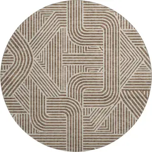 Photo of 8' Brown And Ivory Abstract Geometric Washable Round Rug With UV Protection