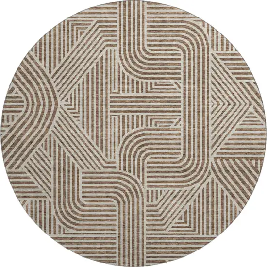 8' Brown And Ivory Abstract Geometric Washable Round Rug With UV Protection Photo 1