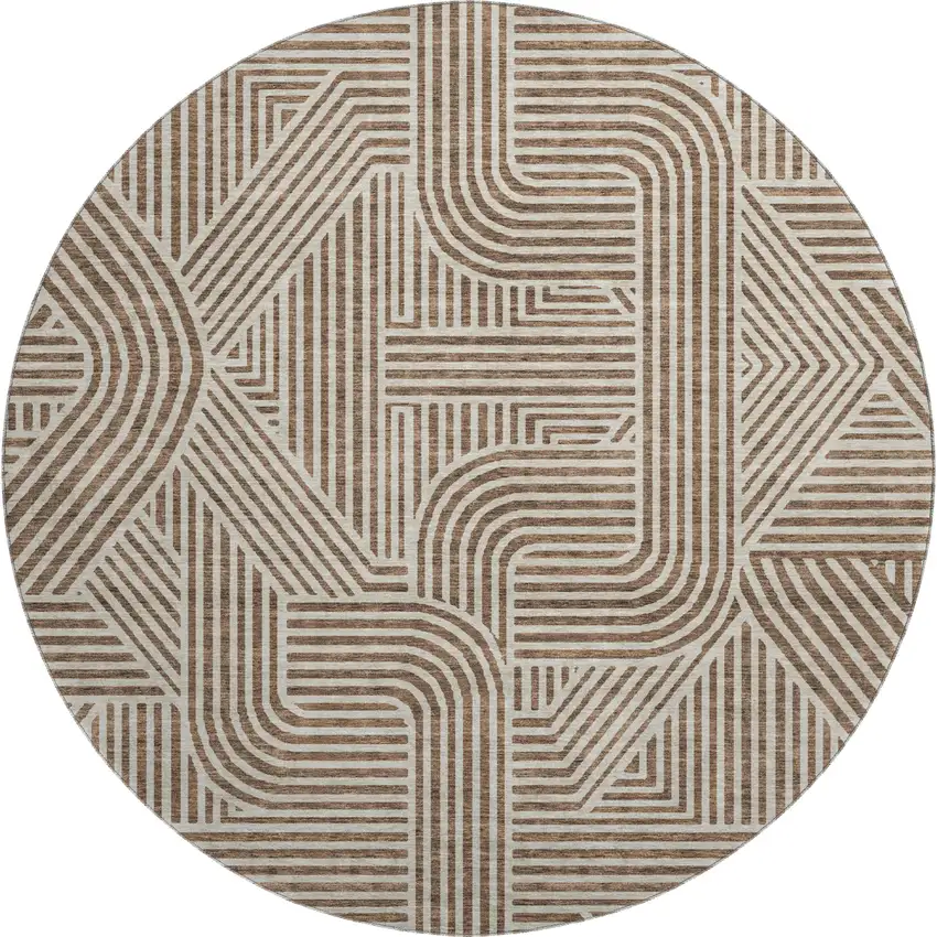 8' Brown And Ivory Abstract Geometric Washable Round Rug With UV Protection Photo 1