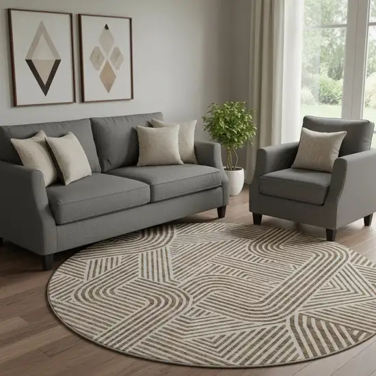 8' Brown And Ivory Abstract Geometric Washable Round Rug With UV Protection Photo 1
