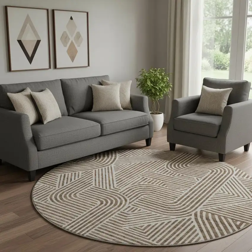 8' Brown And Ivory Abstract Geometric Washable Round Rug With UV Protection Photo 1