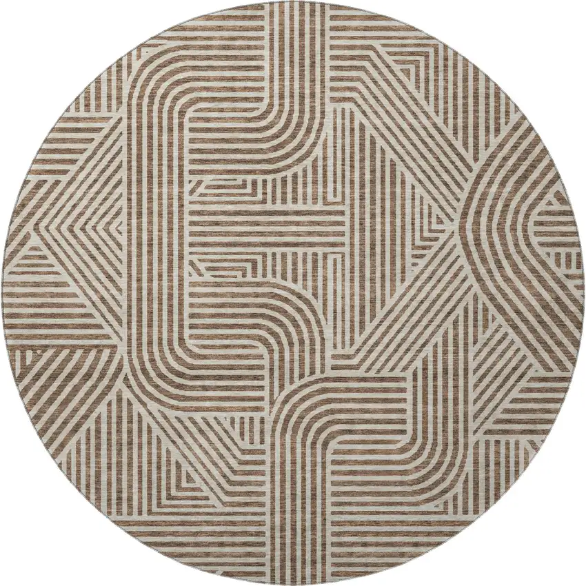 8' Brown And Ivory Abstract Geometric Washable Round Rug With UV Protection Photo 3