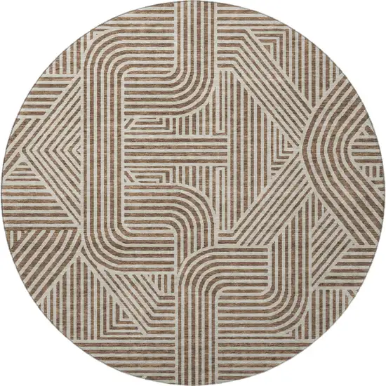 8' Brown And Ivory Abstract Geometric Washable Round Rug With UV Protection Photo 3