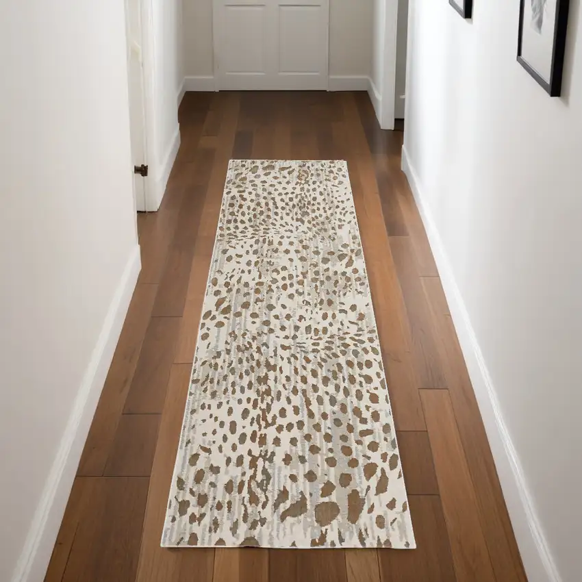 8' Brown And Ivory Abstract Stain Resistant Runner Rug Photo 1