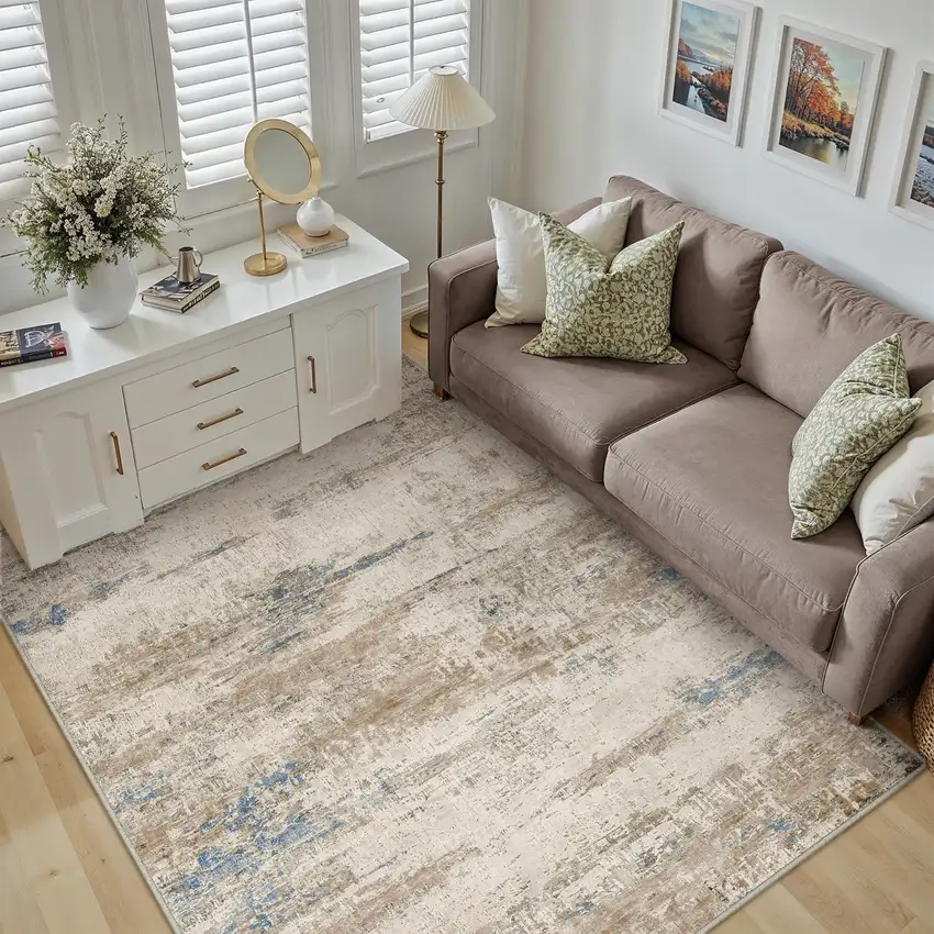 Blue Brown And Ivory Abstract Washable Area Rug Photo 6