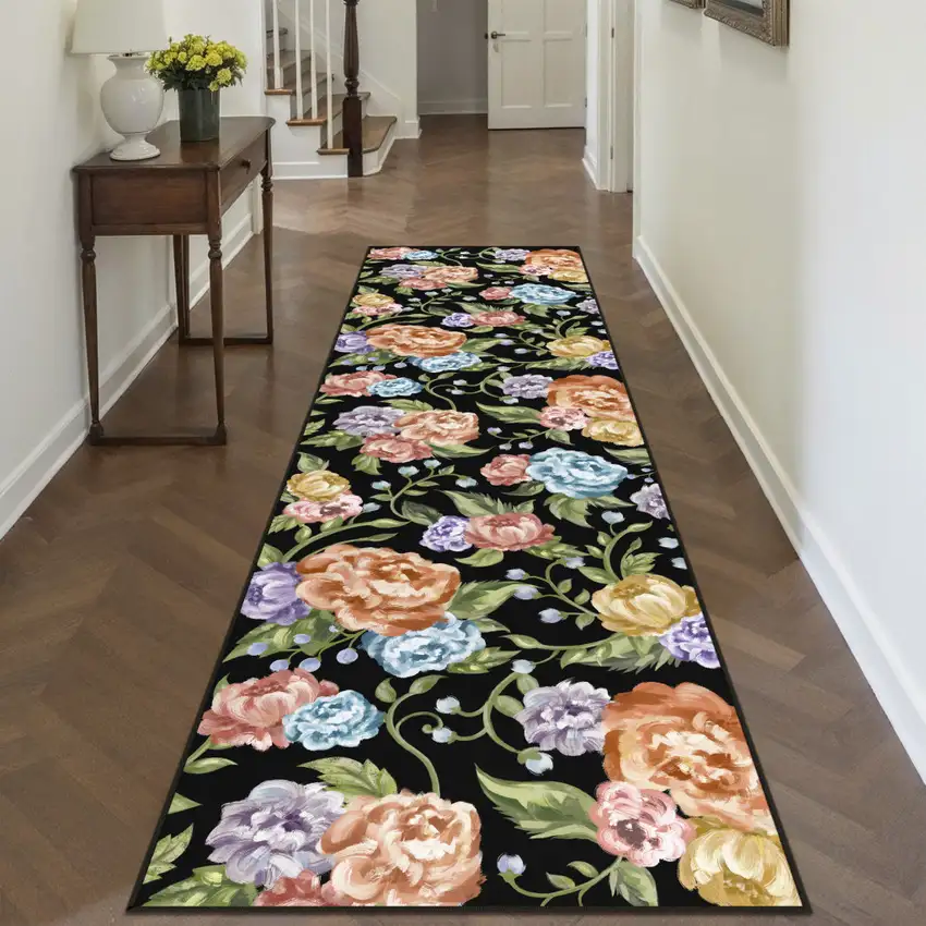 8' Black Green And Orange Floral Washable Runner Rug Photo 5