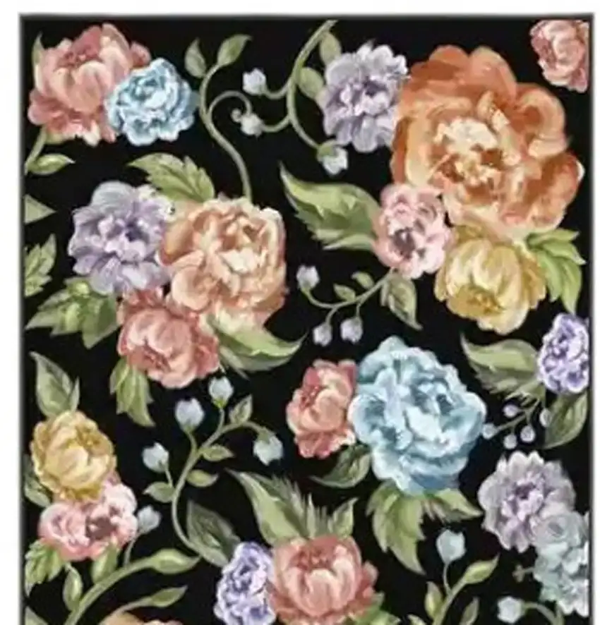 8' Black Green And Orange Floral Washable Runner Rug Photo 5