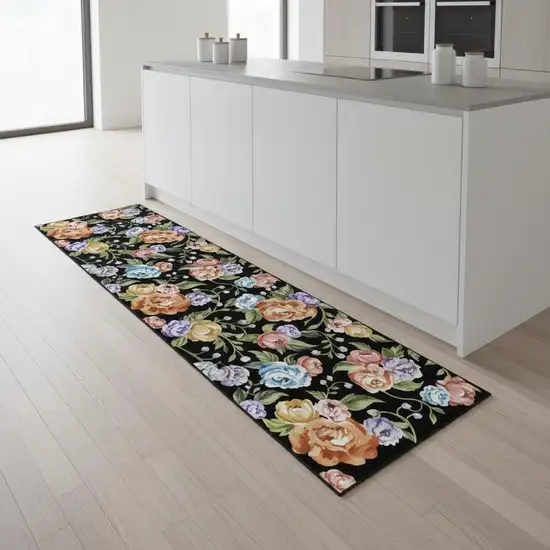 8' Black Green And Orange Floral Washable Runner Rug Photo 1