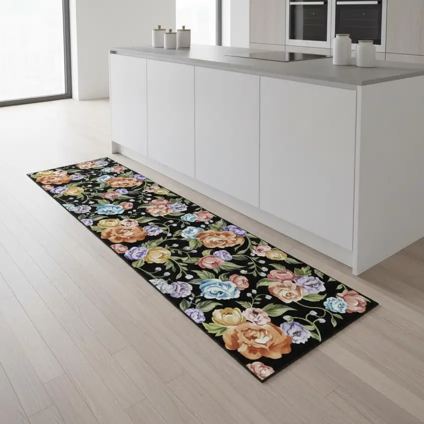 8' Black Green And Orange Floral Washable Runner Rug Photo 1