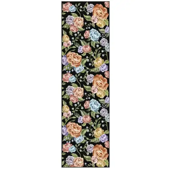 8' Black Green And Orange Floral Washable Runner Rug Photo 2