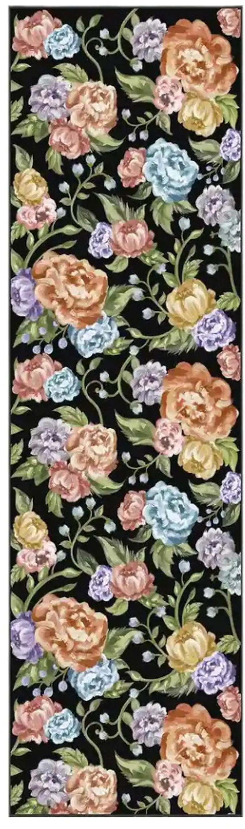 8' Black Green And Orange Floral Washable Runner Rug Photo 2