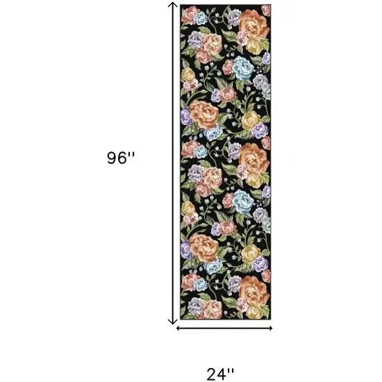 8' Black Green And Orange Floral Washable Runner Rug Photo 3
