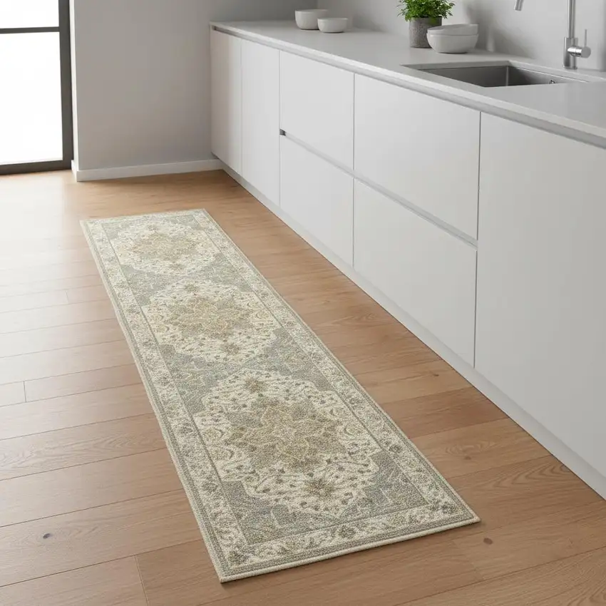 8' Ivory And Brown Oriental Washable Runner Rug Photo 1