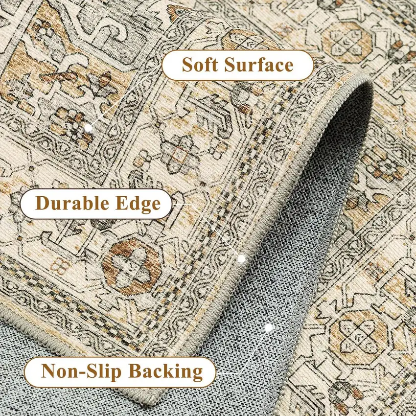 8' Ivory And Brown Oriental Washable Runner Rug Photo 5