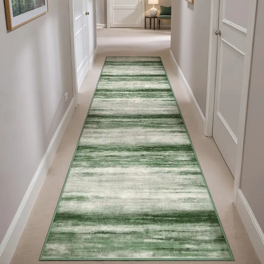 8' Green And Ivory Abstract Washable Runner Rug Photo 5