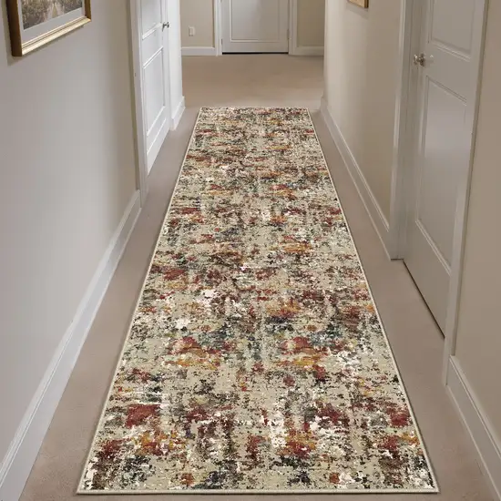 8' Beige Red And Ivory Abstract Washable Runner Rug Photo 5