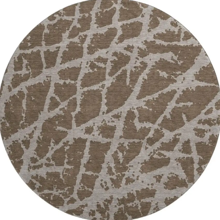 8' Brown And Ivory Abstract Washable Round Rug With UV Protection Photo 4