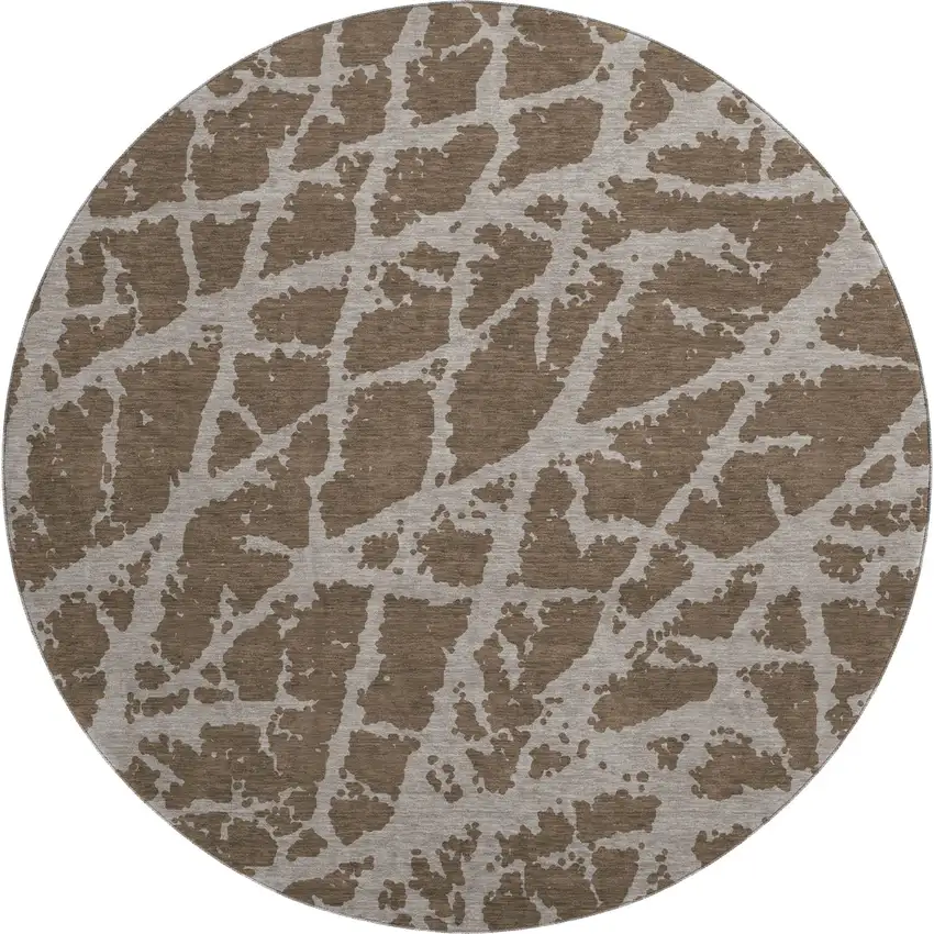 8' Brown And Ivory Abstract Washable Round Rug With UV Protection Photo 1
