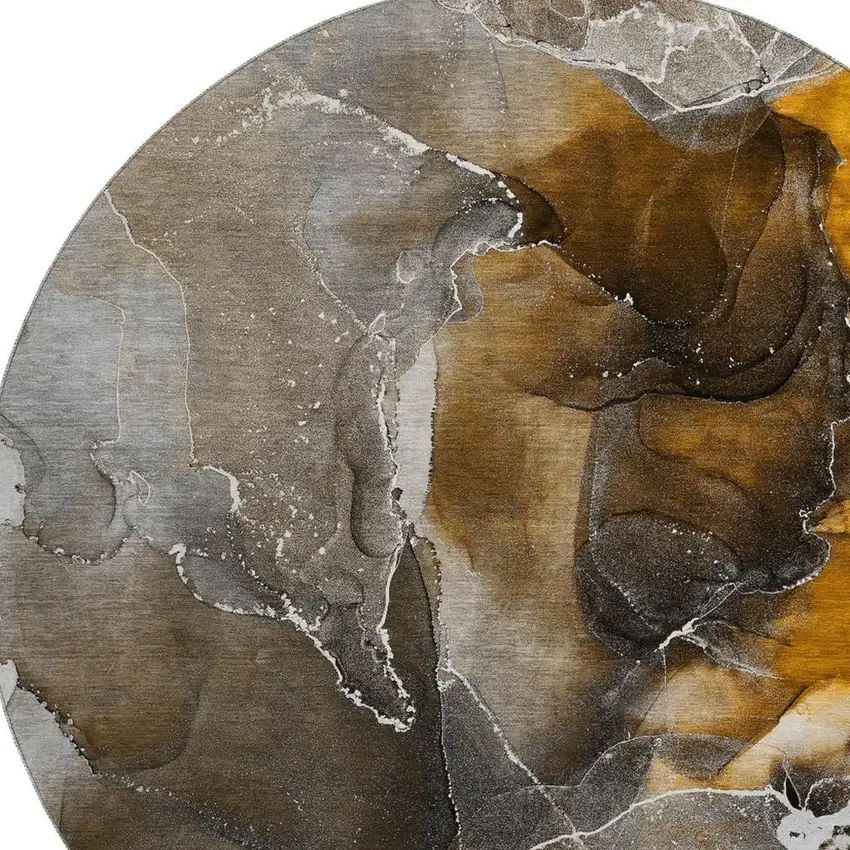 8' Brown And Ivory Abstract Washable Round Rug With UV Protection Photo 3