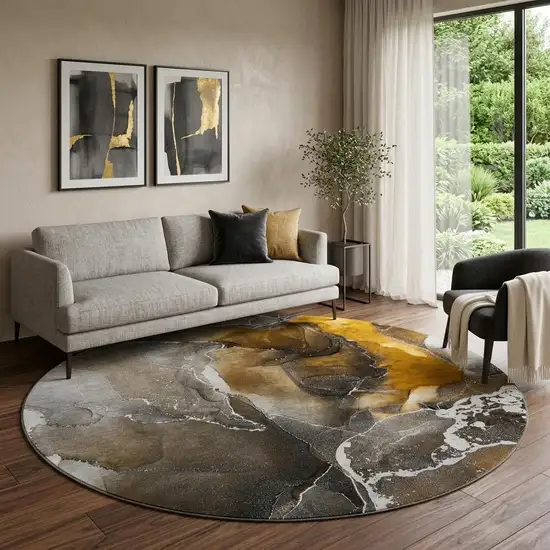 8' Brown And Ivory Abstract Washable Round Rug With UV Protection Photo 1