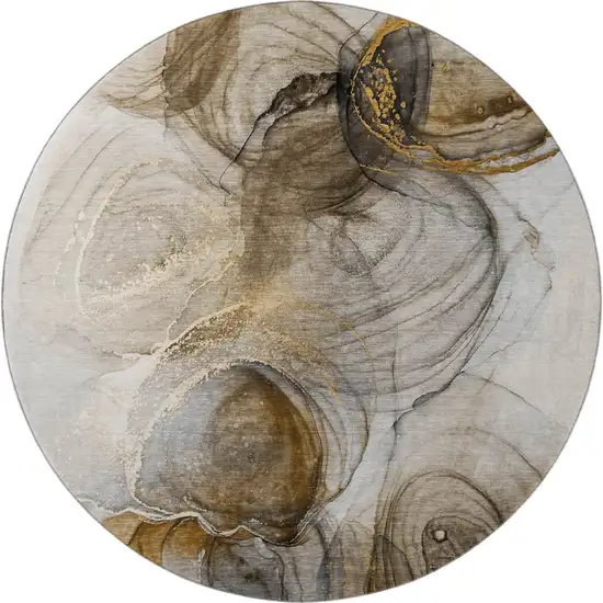 8' Brown And Ivory Abstract Washable Round Rug With UV Protection Photo 4