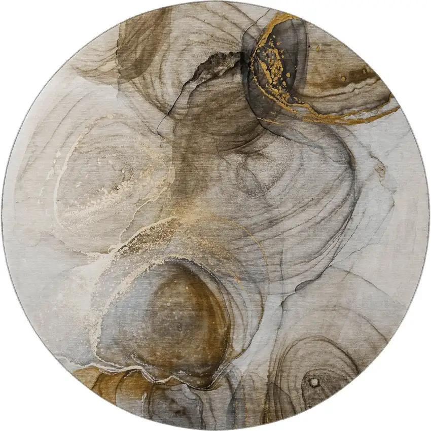 8' Brown And Ivory Abstract Washable Round Rug With UV Protection Photo 4