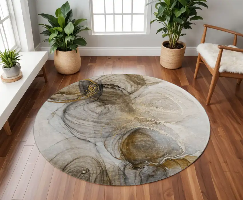 8' Brown And Ivory Abstract Washable Round Rug With UV Protection Photo 2