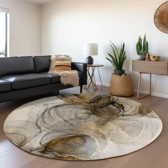 8' Brown And Ivory Abstract Washable Round Rug With UV Protection Photo 5
