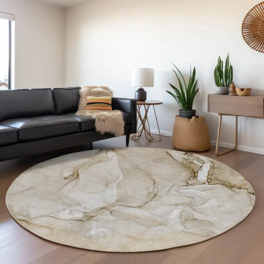 8' Brown And Ivory Abstract Washable Round Rug With UV Protection Photo 5
