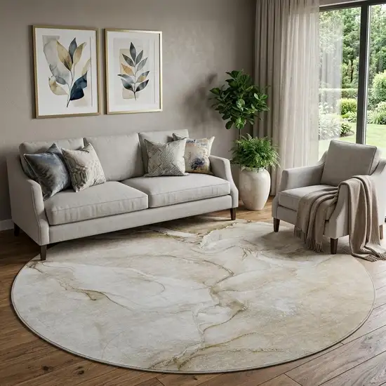 8' Brown And Ivory Abstract Washable Round Rug With UV Protection Photo 1