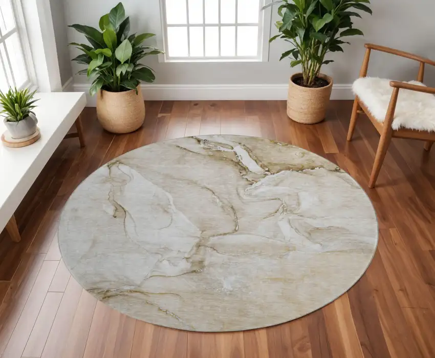 8' Brown And Ivory Abstract Washable Round Rug With UV Protection Photo 2