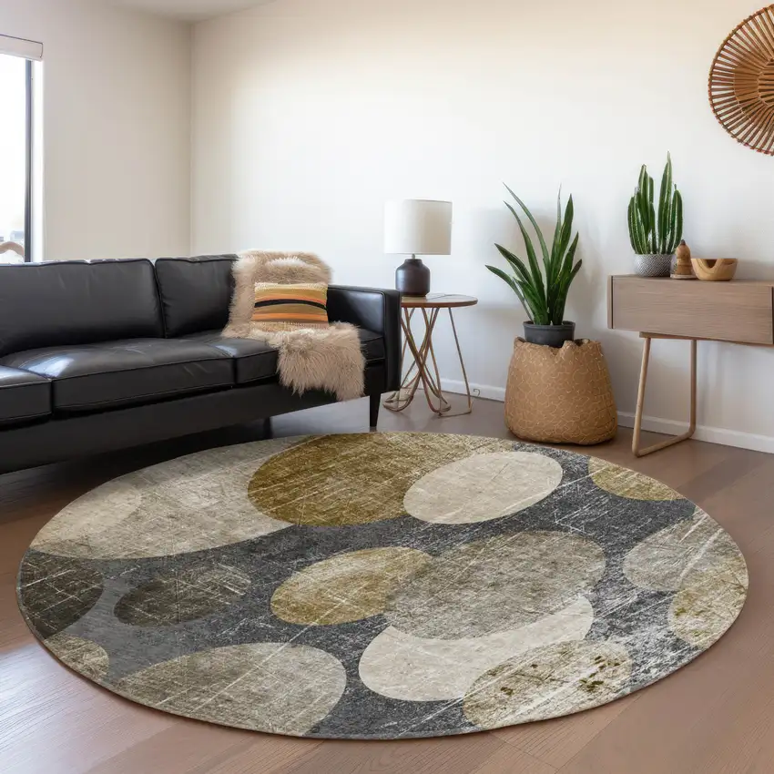 8' Brown And Ivory Abstract Washable Round Rug With UV Protection Photo 5