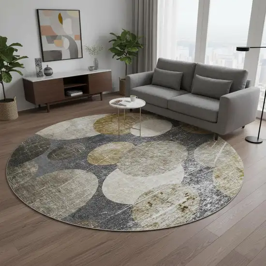 8' Brown And Ivory Abstract Washable Round Rug With UV Protection Photo 2