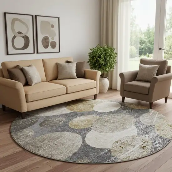 8' Brown And Ivory Abstract Washable Round Rug With UV Protection Photo 1