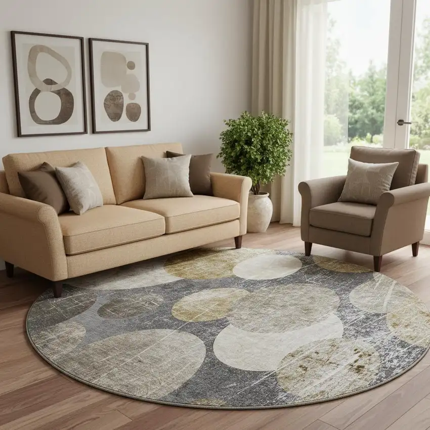 8' Brown And Ivory Abstract Washable Round Rug With UV Protection Photo 1