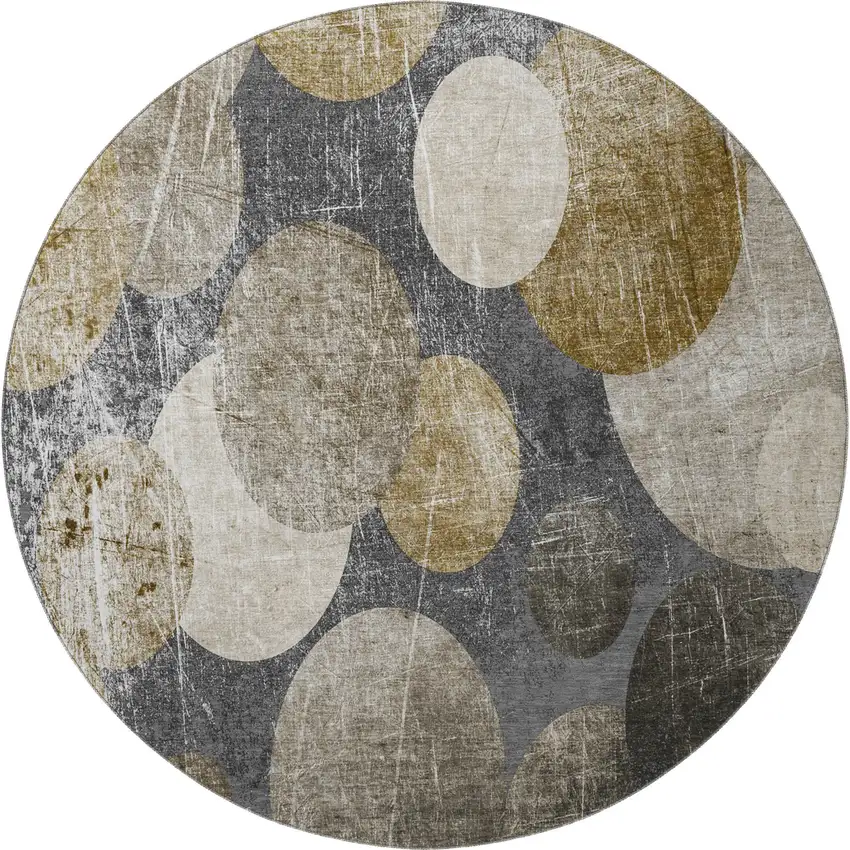 8' Brown And Ivory Abstract Washable Round Rug With UV Protection Photo 4