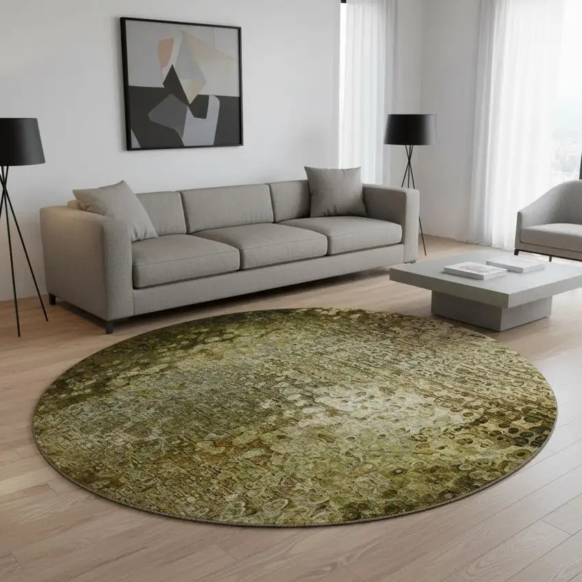 8' Brown And Ivory Abstract Washable Round Rug With UV Protection Photo 2
