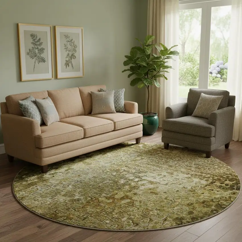 8' Brown And Ivory Abstract Washable Round Rug With UV Protection Photo 1