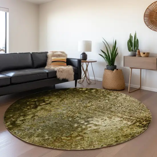 8' Brown And Ivory Abstract Washable Round Rug With UV Protection Photo 5