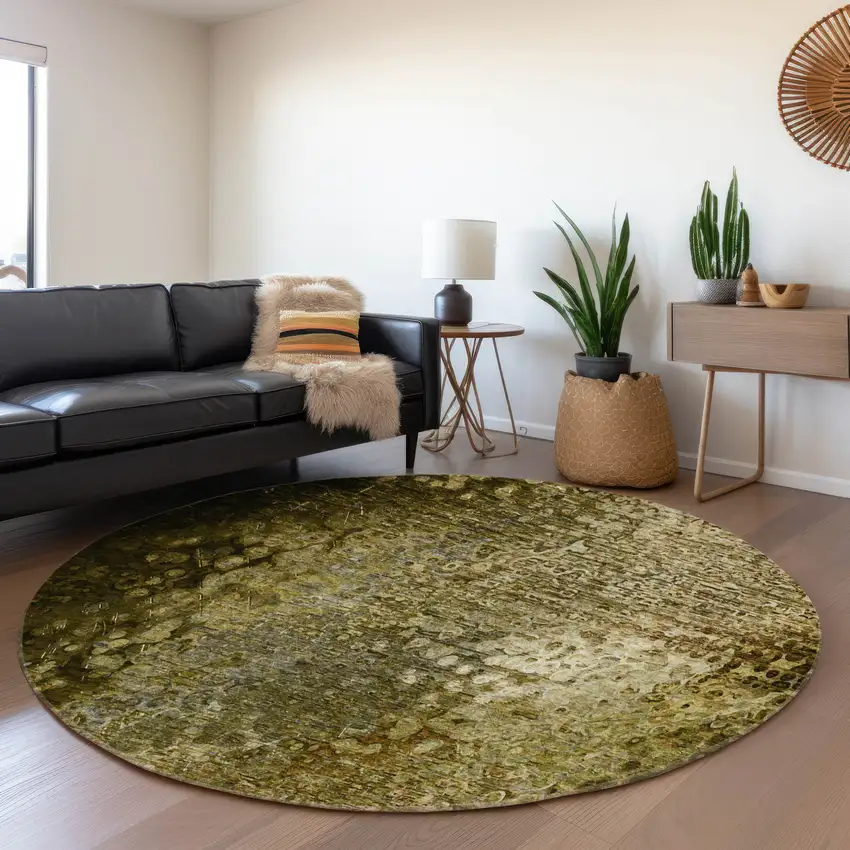 8' Brown And Ivory Abstract Washable Round Rug With UV Protection Photo 5