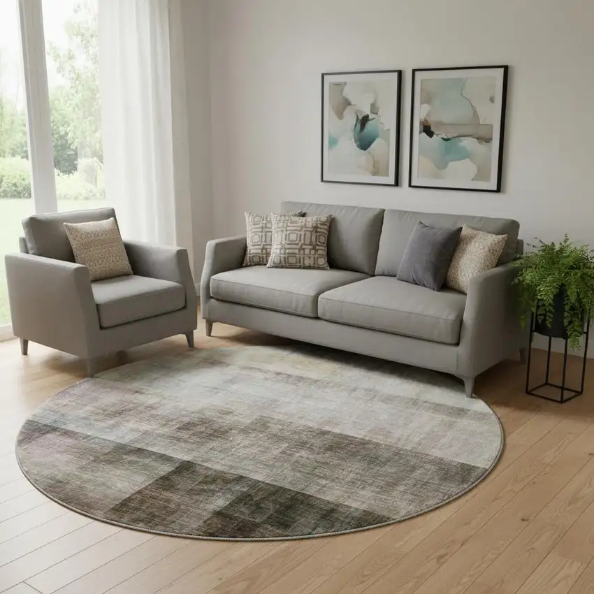 8' Brown And Ivory Abstract Washable Round Rug With UV Protection Photo 1