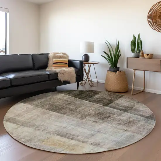 8' Brown And Ivory Abstract Washable Round Rug With UV Protection Photo 4