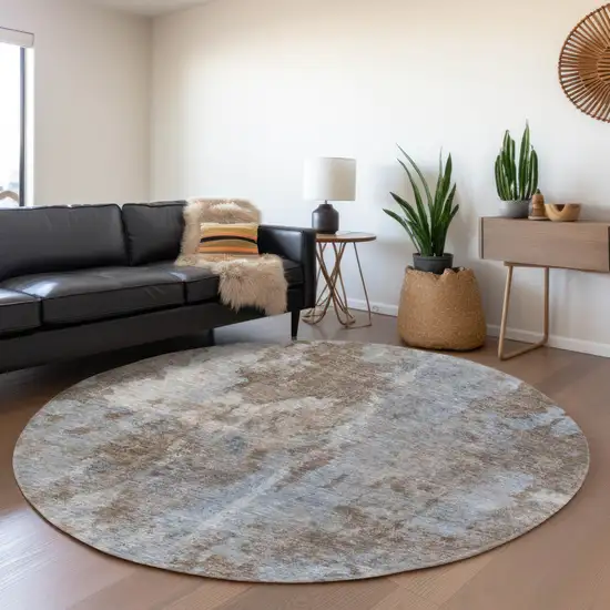 8' Brown And Ivory Abstract Washable Round Rug With UV Protection Photo 5