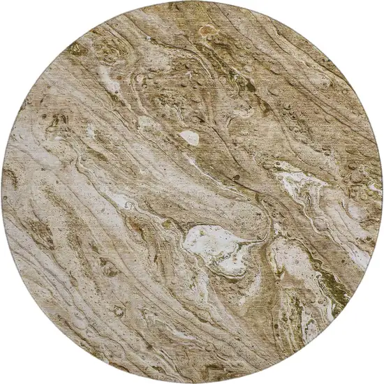 8' Brown And Ivory Abstract Washable Round Rug With UV Protection Photo 1