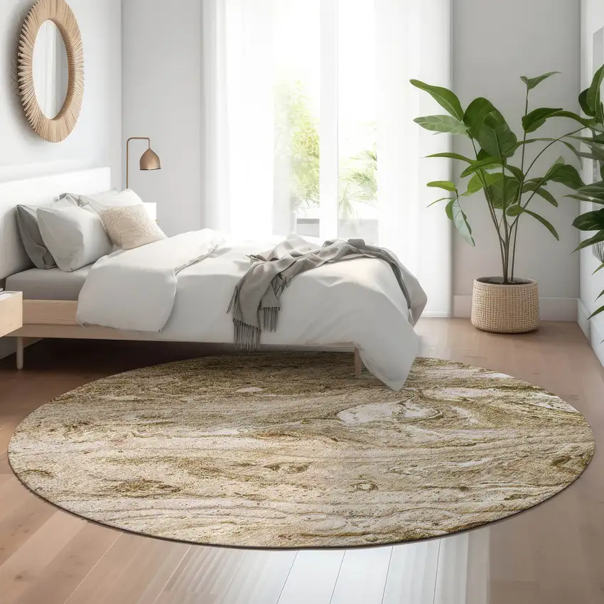 8' Brown And Ivory Abstract Washable Round Rug With UV Protection Photo 4