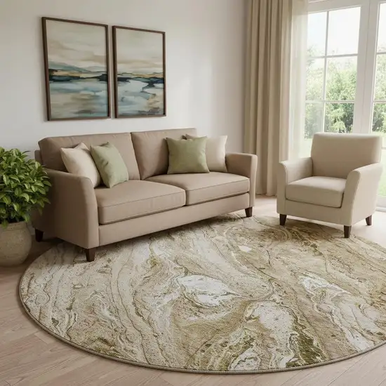 8' Brown And Ivory Abstract Washable Round Rug With UV Protection Photo 1