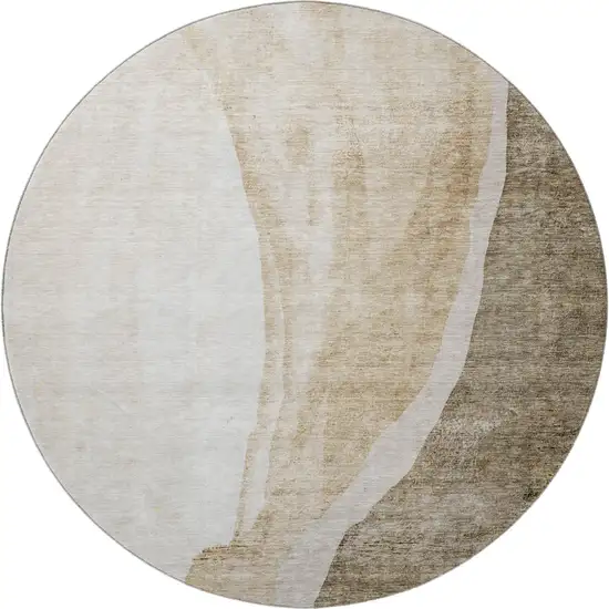 8' Brown And Ivory Abstract Washable Round Rug With UV Protection Photo 4